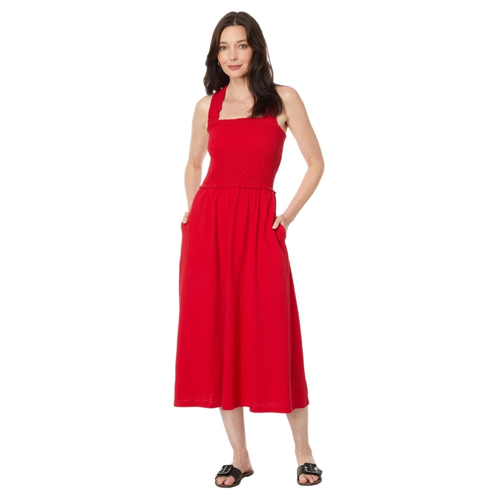 Tommy Hilfiger Women's Cotton Smocked Sleeveless Red Midi Dress